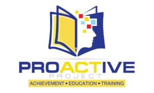 An open book with colorful squares coming off a page.  Text below reads “Proactive Project, Achievement + Education + Training.” The “act” in “proactive” is highlighted.