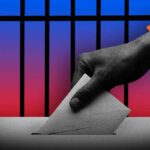 a graphic suggesting an incarcerated person putting a ballot into a ballot box.