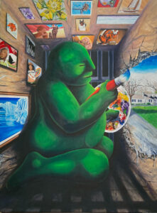 artwork by Martin Vargas titled Painting His Way Home, an abstract image of a green plumpy person in a prison cell painting an expansive airy landscape.