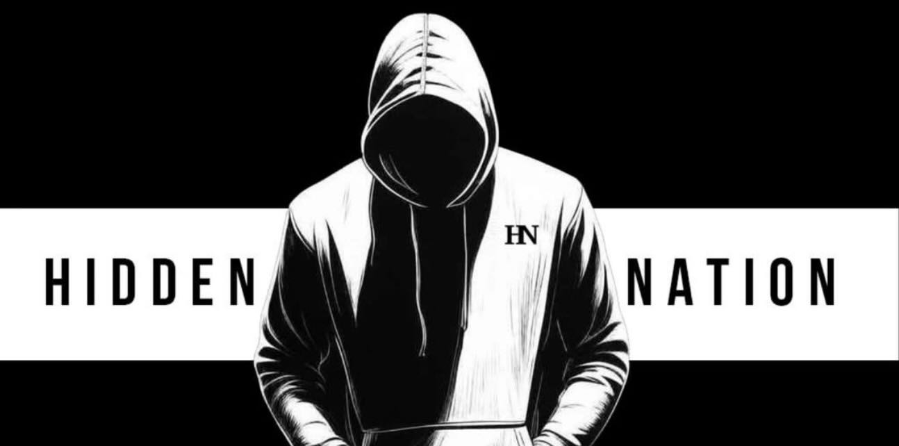 A black and white poster graphic of a hoodied figure on a black background. A white strip contains black text: Hidden Nation.