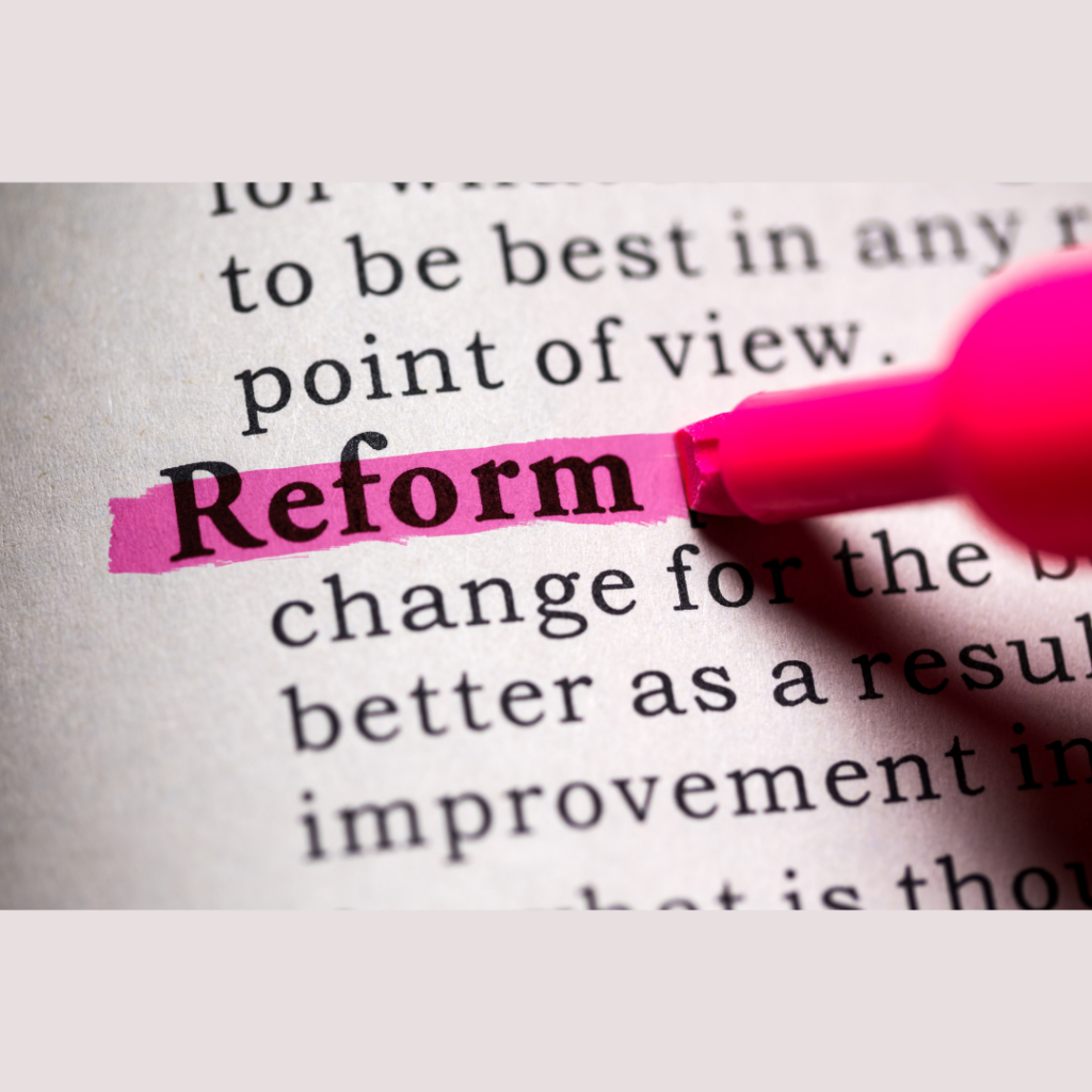 A close-up of a dictionary page with the word "Reform" highlighted in pink using a highlighter. The surrounding text is slightly blurred, emphasizing the concept of change and improvement.