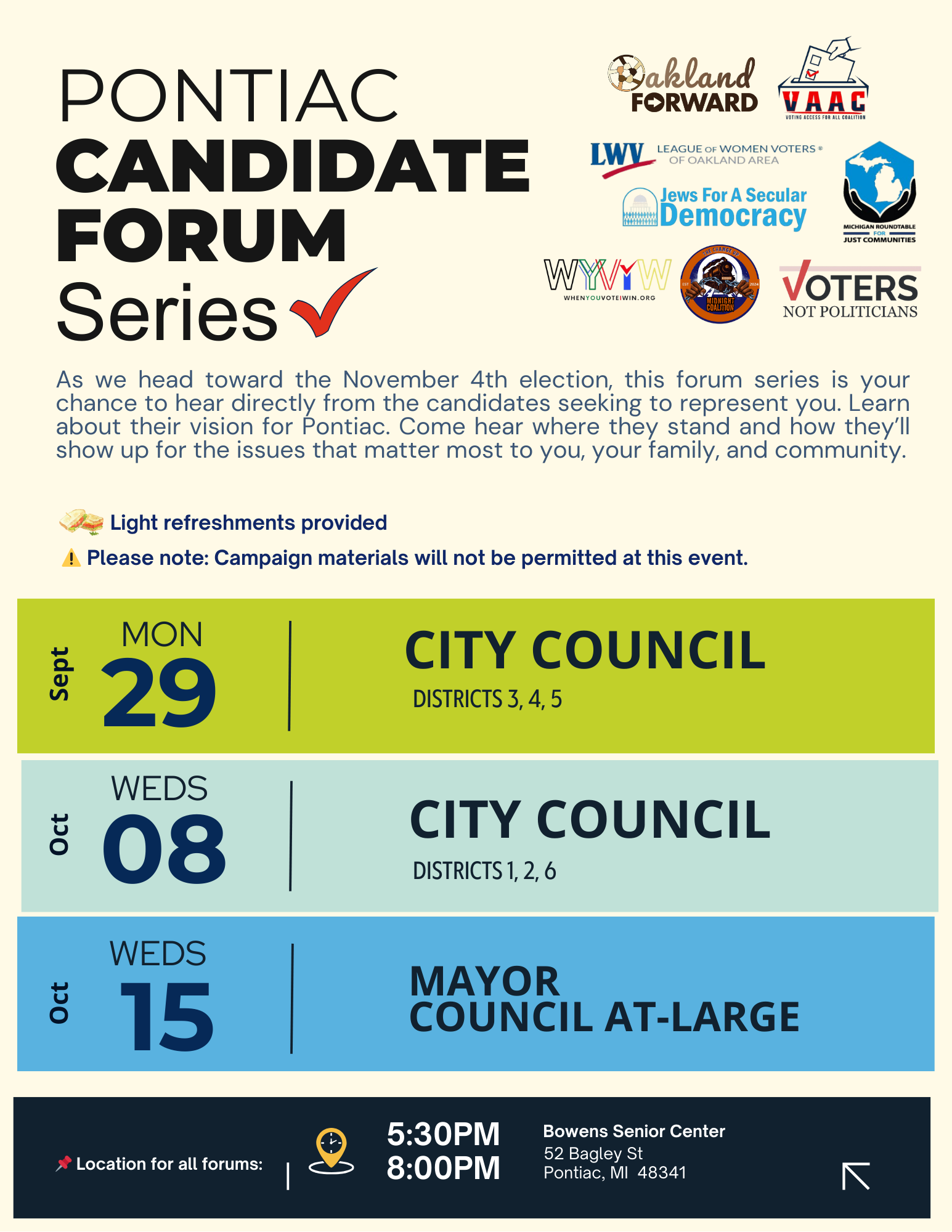 Pontiac City Council District 1, 2, 6 Candidate Forum