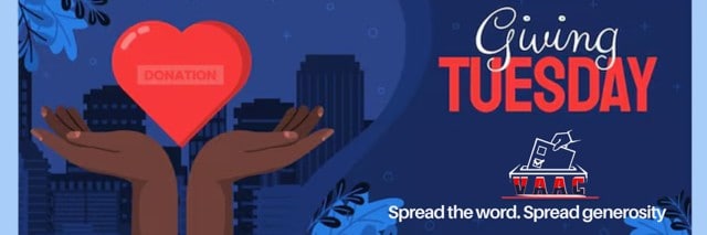 Giving Tuesday. Spread the word. Spread generosity.  A heart floats between two open hands.