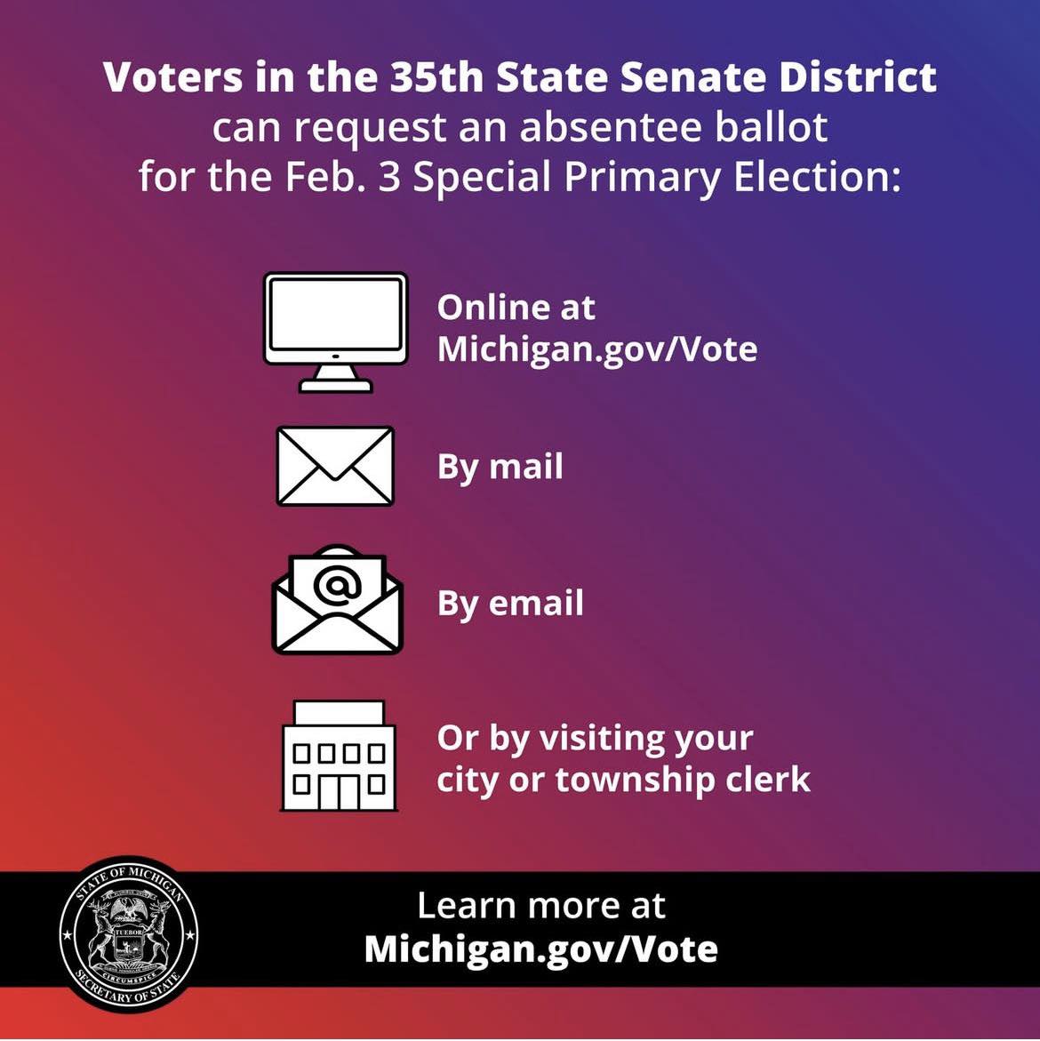 Last day to register to vote by mail or online for the special primary for the 35th Senate District on Feb. 3, 2026
