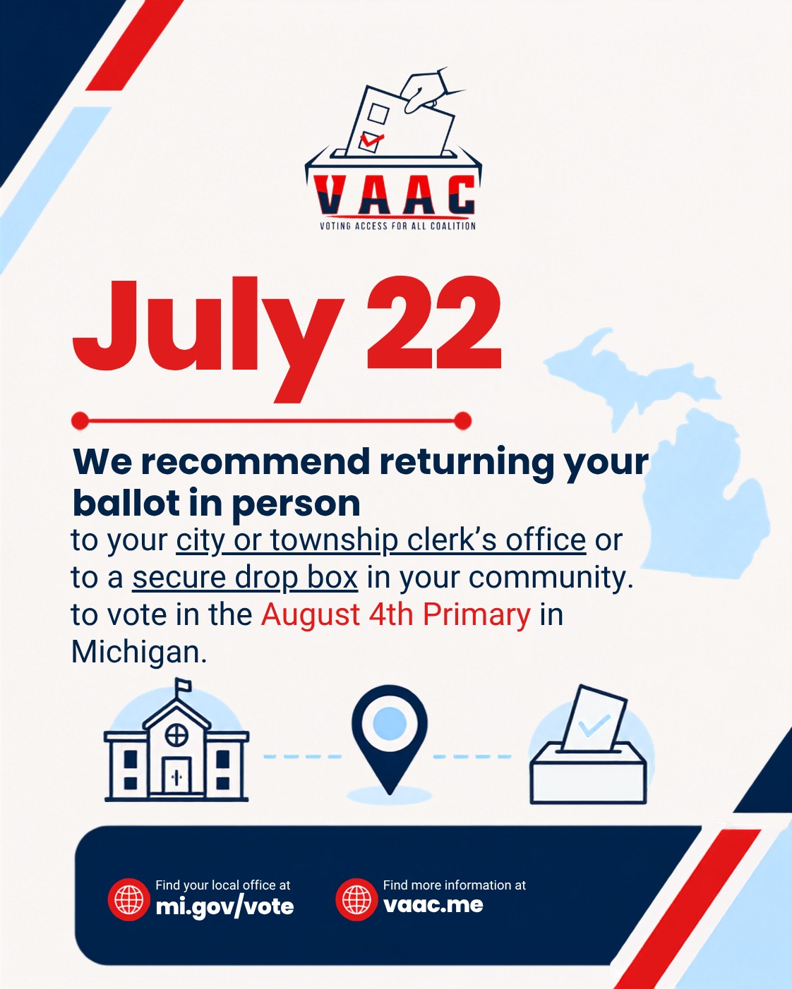 We recommend returning your ballot in person to your city or township clerk’s office or to a secure drop box in your community for the August 4 Primary Election