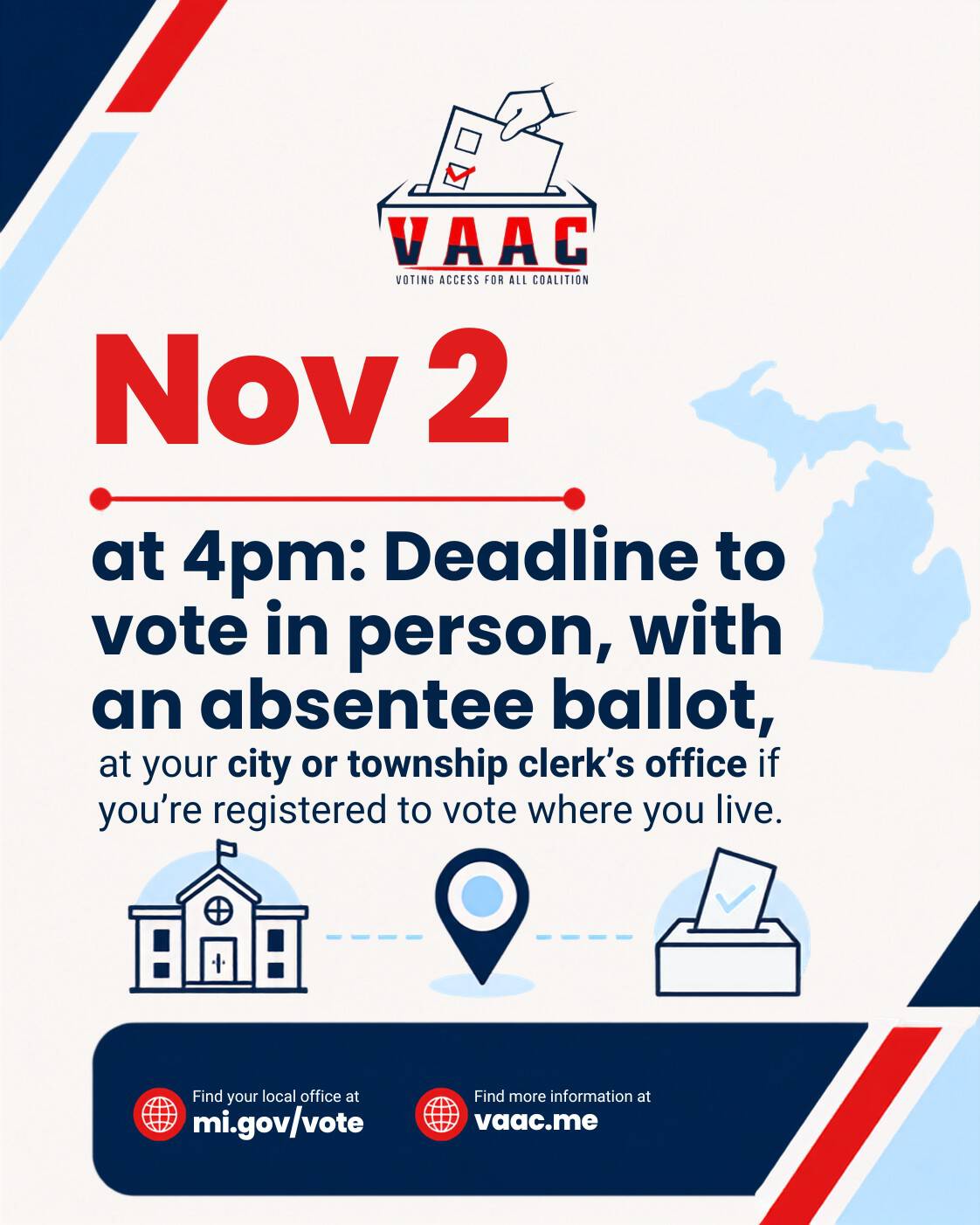 Deadline to vote in person, with an absentee ballot, at your city or township clerk’s office if you’re registered to vote where you live.