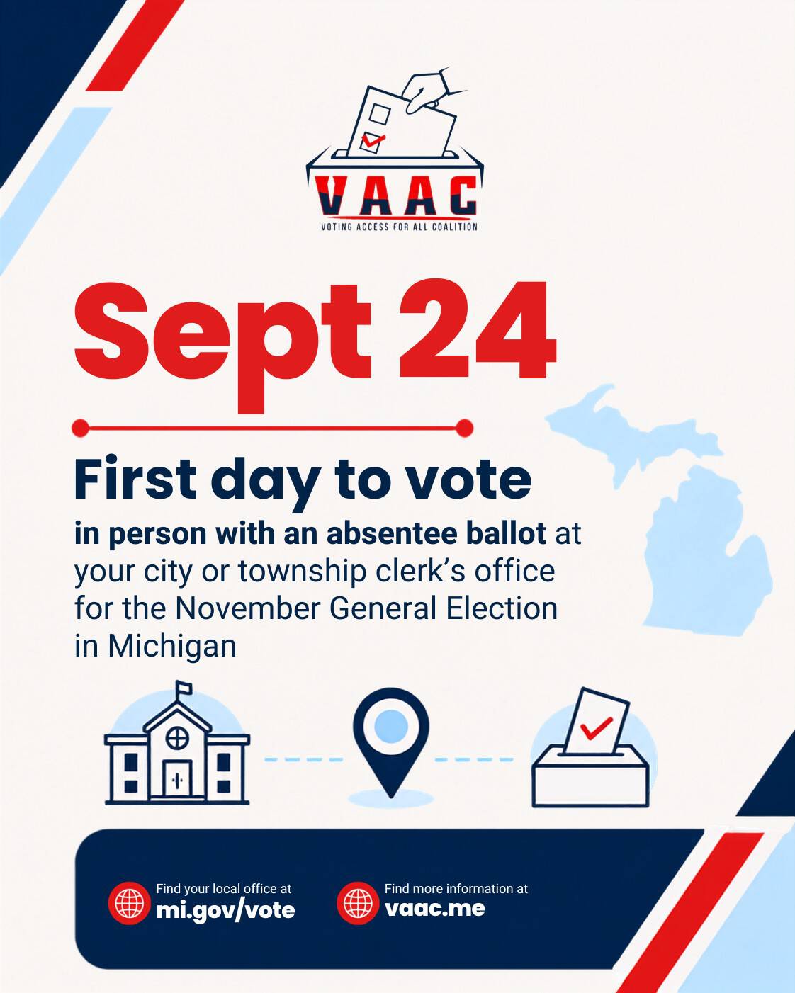 First day that you can vote in person, with an absentee ballot, at your city or township clerk’s office.