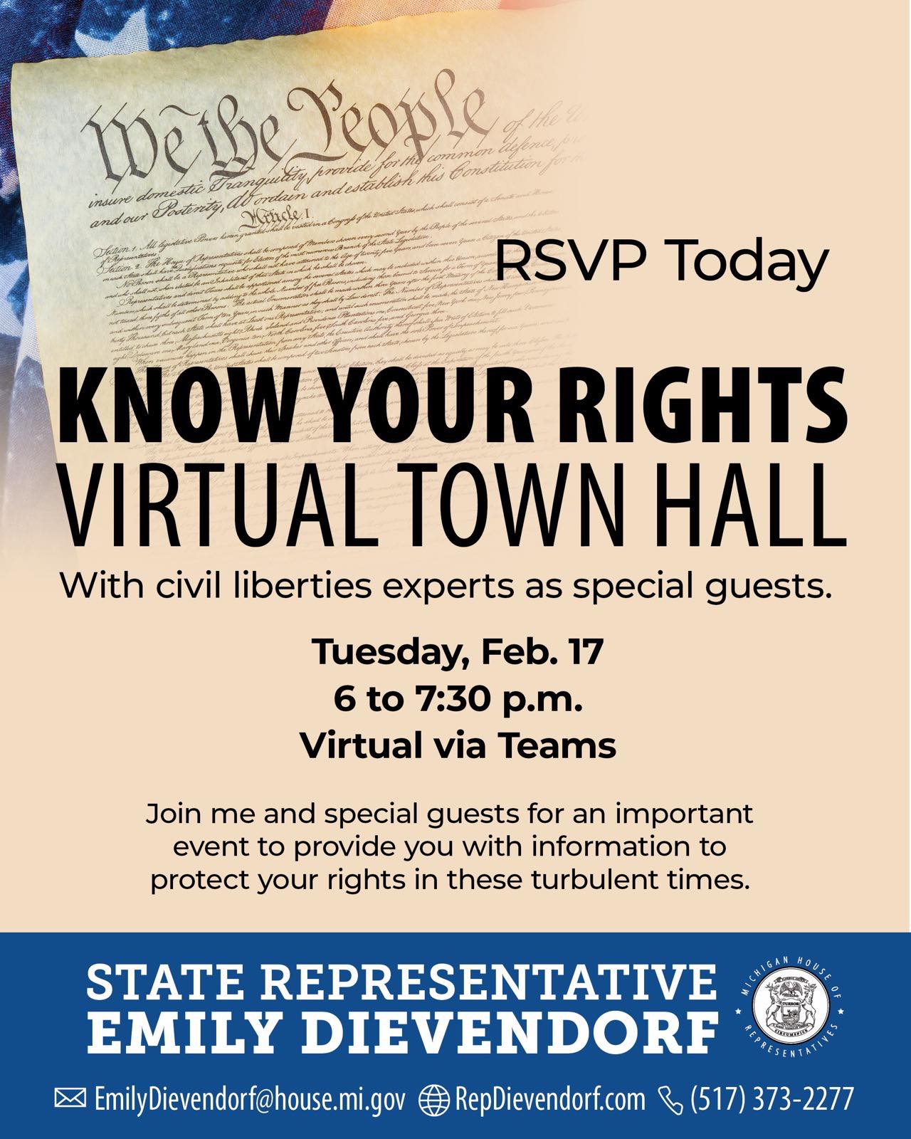 Know Your Rights Virtual Town Hall with State Rep Emily Dievendorf & the ACLU of Michigan