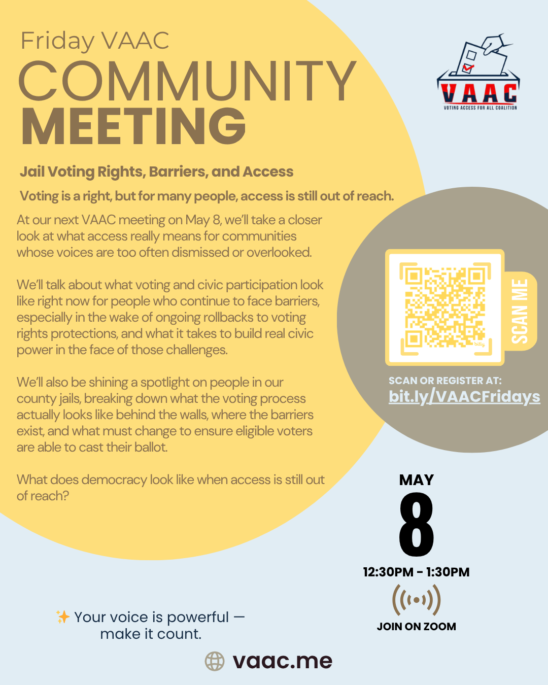 VAAC Friday Community Meeting: Jail Voting Rights, Barriers, and Access