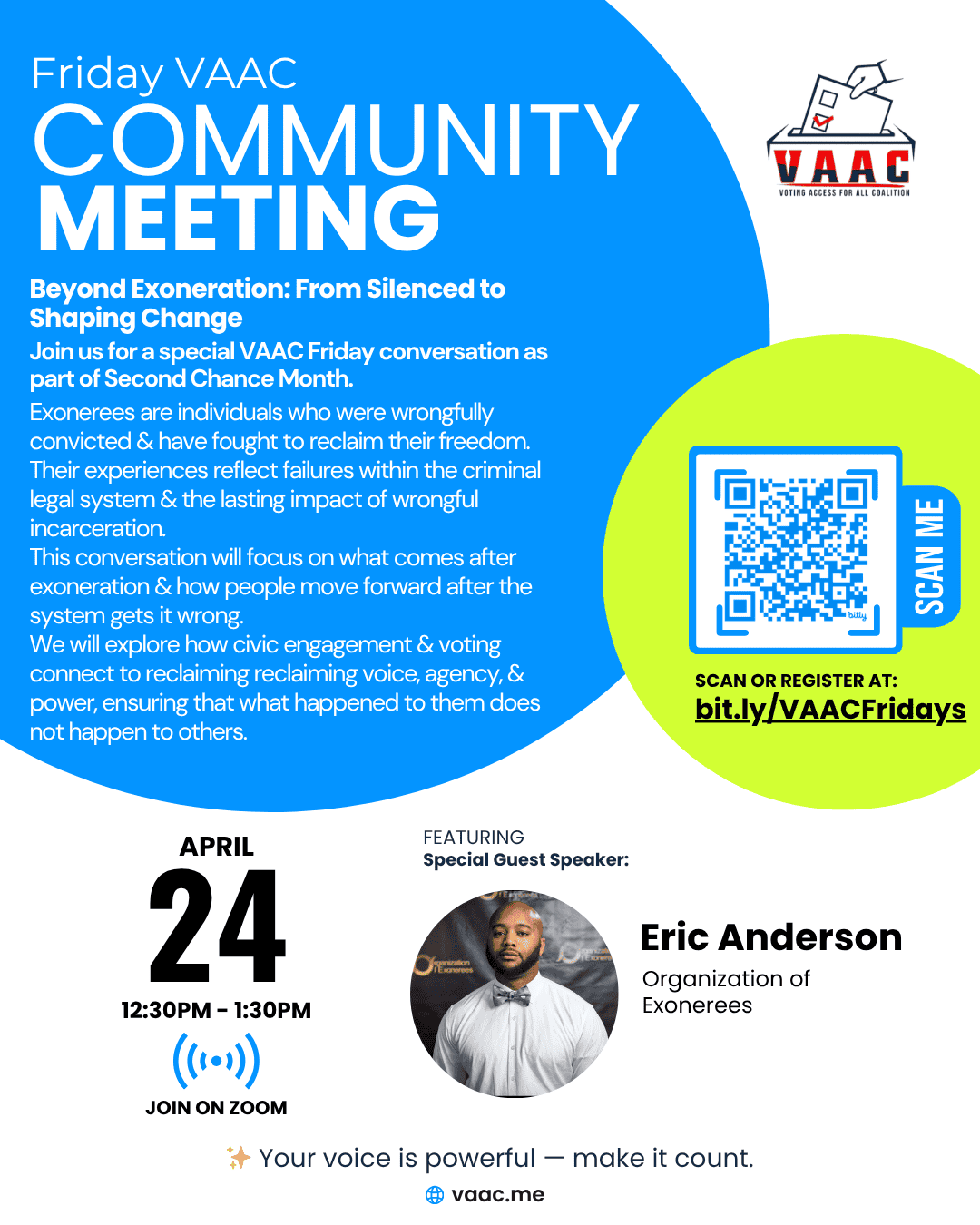VAAC Friday Community Meeting: Beyond Exoneration: From Silenced to Shaping Change