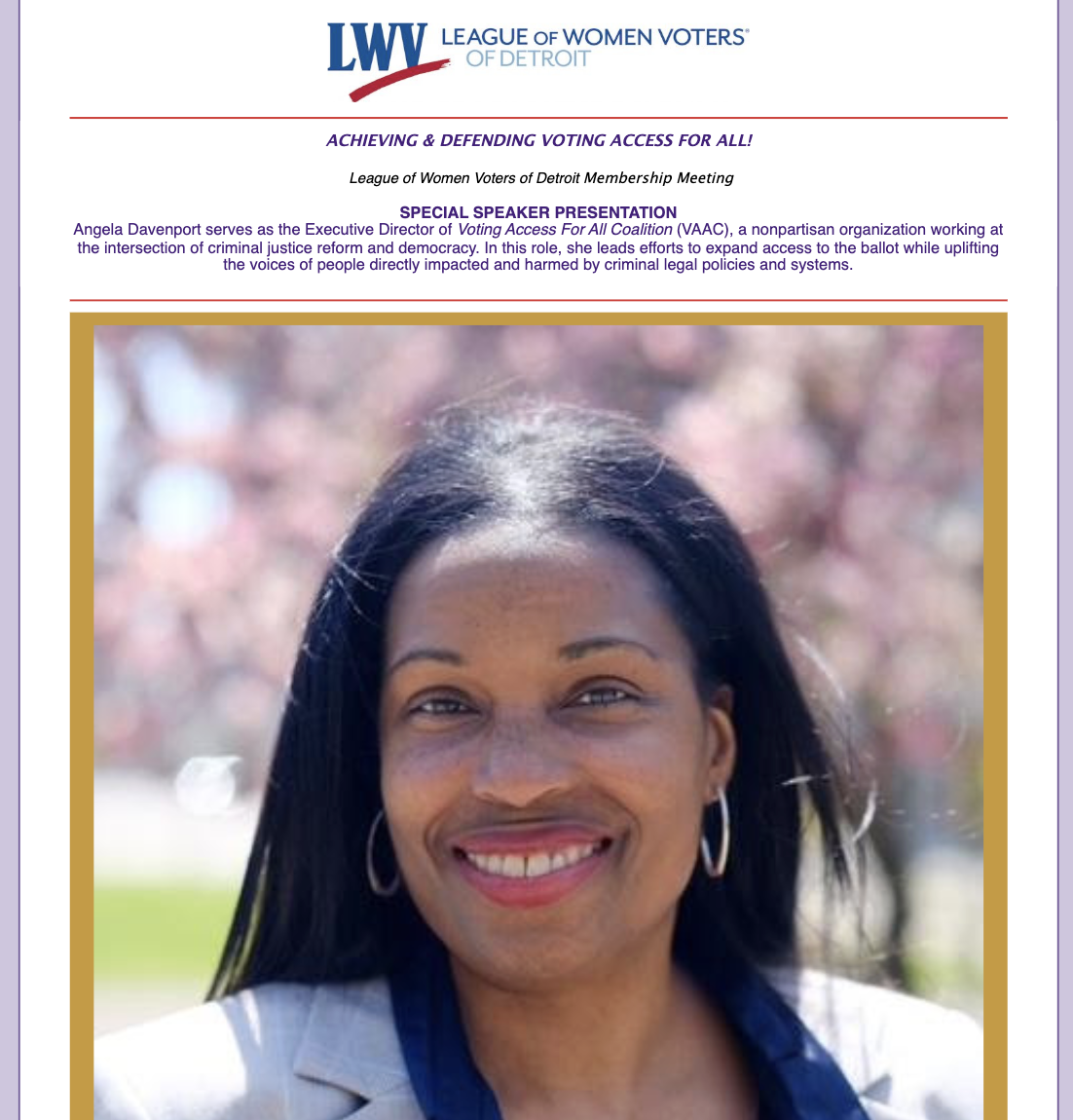 League of Women Voters of Detroit Membership Meeting: ACHIEVING & DEFENDING VOTING ACCESS FOR ALL!