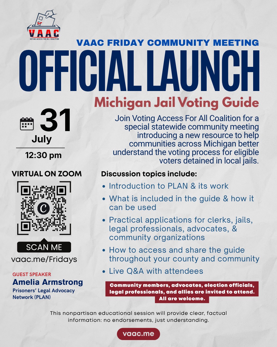VAAC Friday Community Meeting | Official Launch of the Michigan Jail Voting Guide