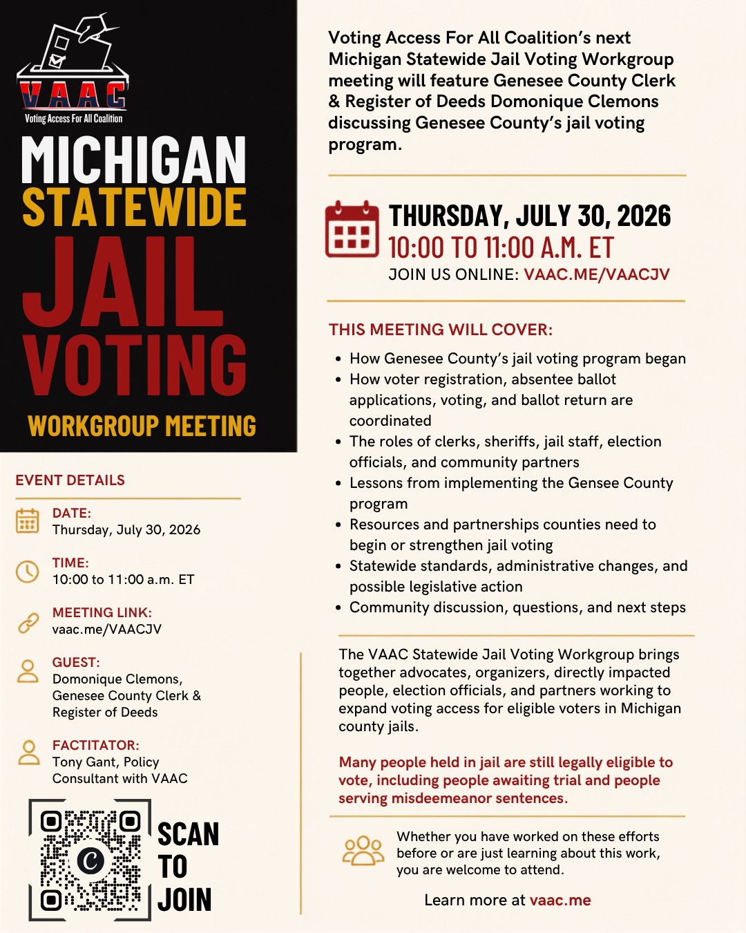 VAAC Jail Voting Workgroup Meeting on July 30: Building a Successful Jail Voting Program in Genesee County