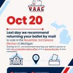 Last day we recommend returning your ballot by mail to avoid postal delays for the Nov 3 General Election