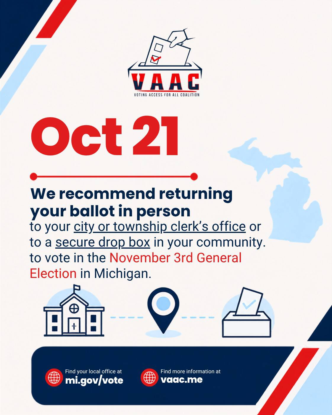 Return your ballot in person to your city or township clerk’s office or to a secure drop box