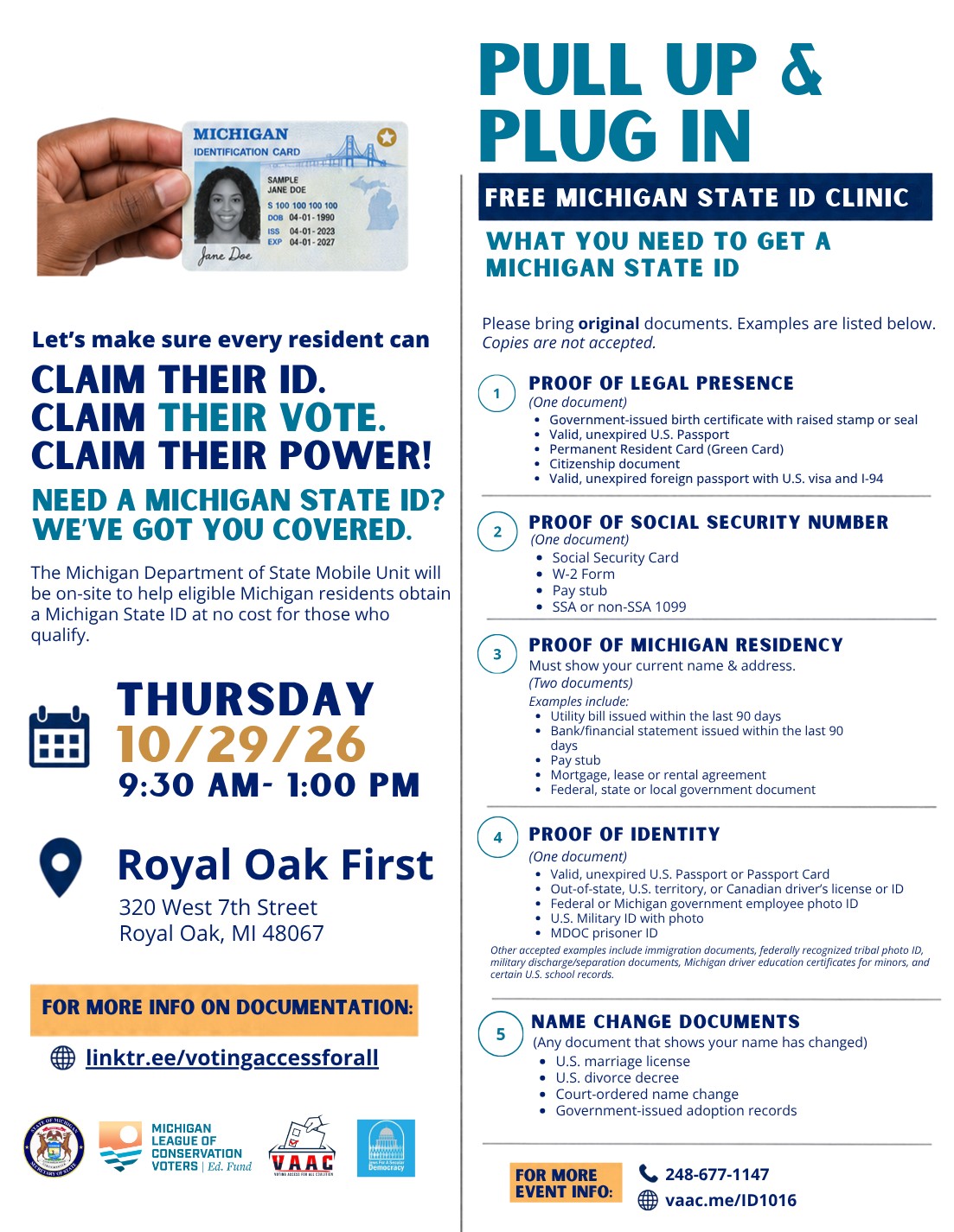 Pull Up & Plug In: Free Michigan State ID Clinic at Royal Oak First