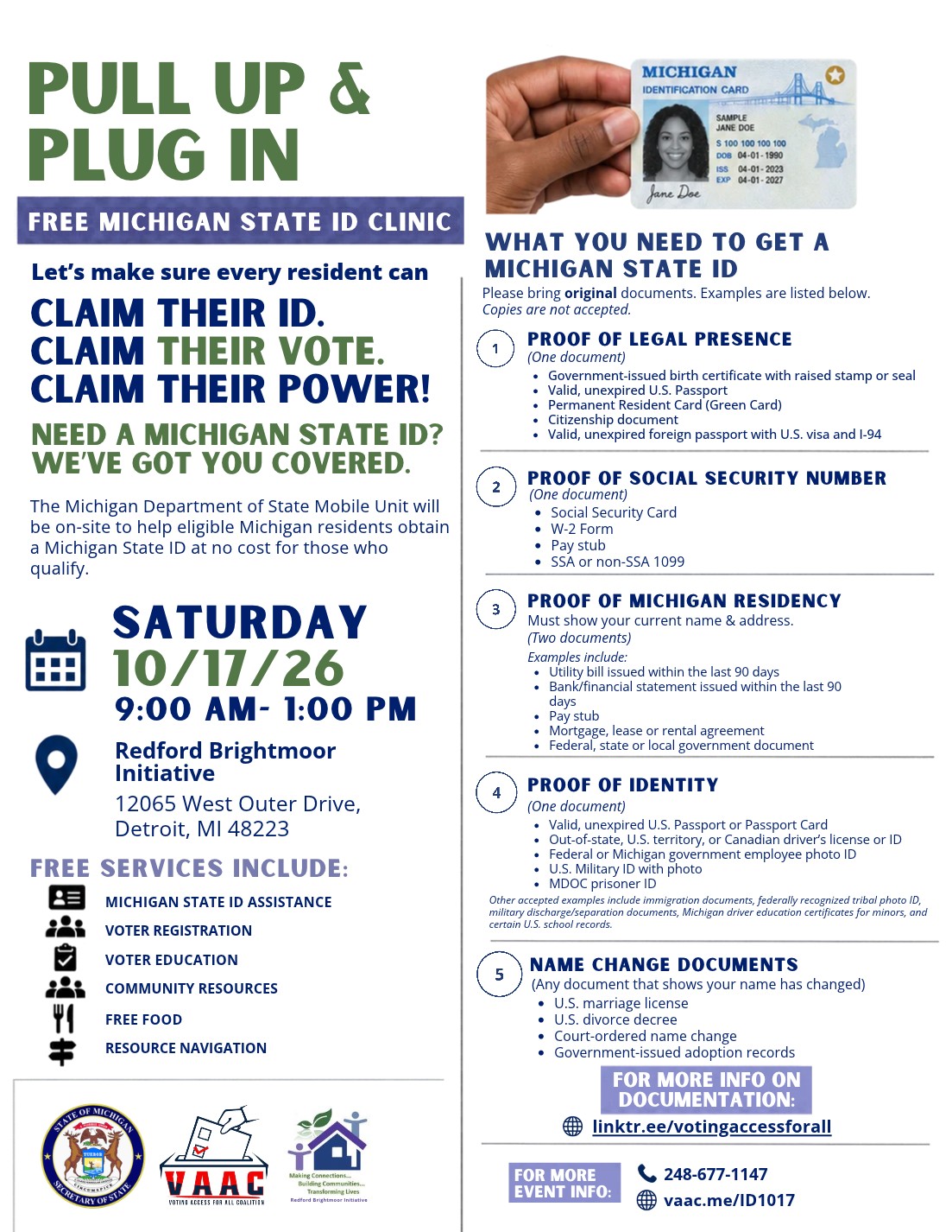 RESCHEDULED: Pull Up & Plug In: Free Michigan State ID Clinic at Redford Brightmoor Initiative